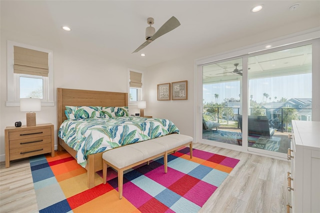 bedroom featuring recessed lighting, light wood-style floors, ceiling fan, and access to outside