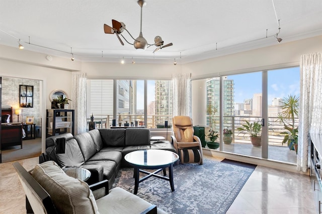 living area with a wealth of natural light, a city view, and rail lighting