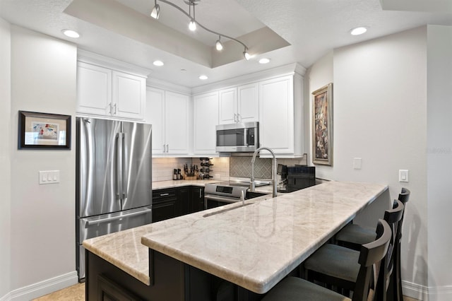 kitchen featuring tasteful backsplash, stainless steel appliances, a peninsula, a raised ceiling, and light stone countertops