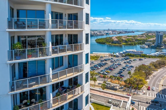 exterior space with a water view