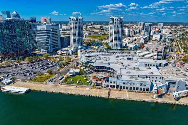 aerial view with a water view and a city view