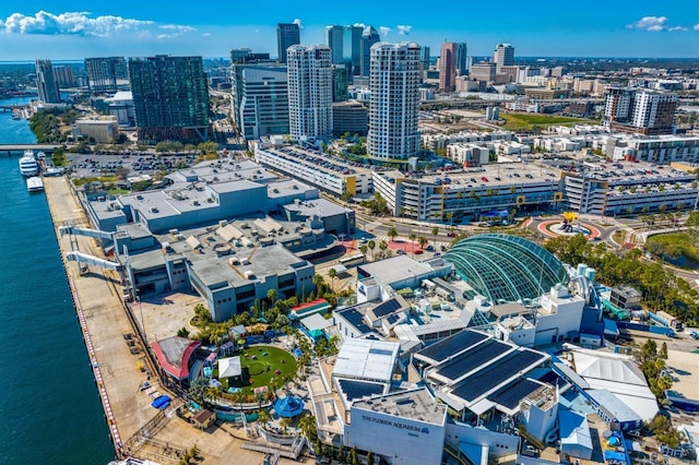 bird's eye view featuring a city view and a water view