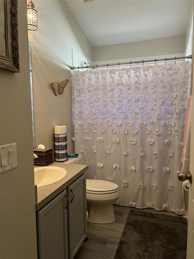 bathroom featuring vanity, curtained shower, toilet, and wood finished floors