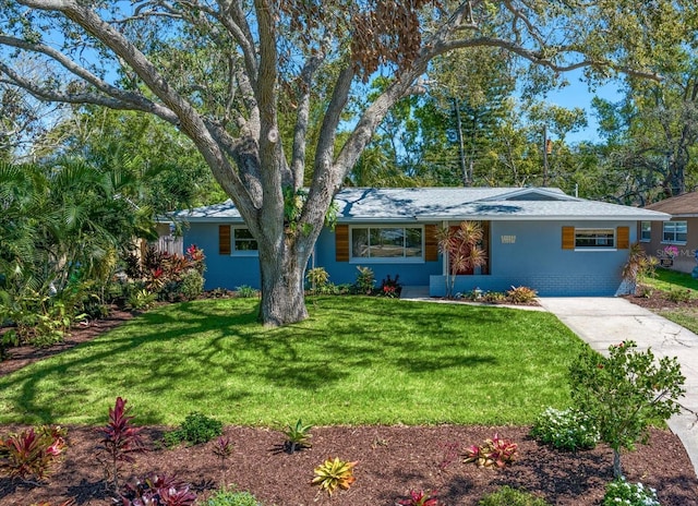 single story home featuring concrete driveway, a front lawn, and a shingled roof