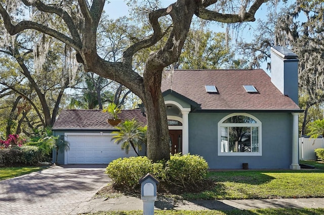 view of front facade with stucco siding, a front lawn, decorative driveway, roof with shingles, and a garage