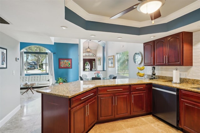 kitchen featuring light stone counters, a peninsula, stainless steel dishwasher, crown molding, and reddish brown cabinets