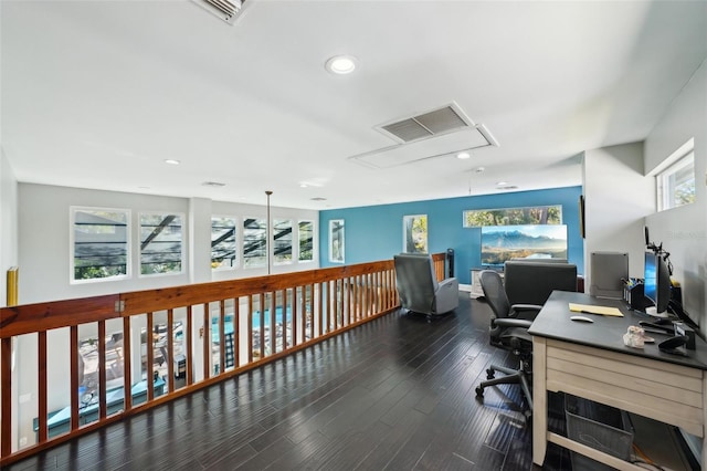 office featuring visible vents, recessed lighting, and wood finished floors