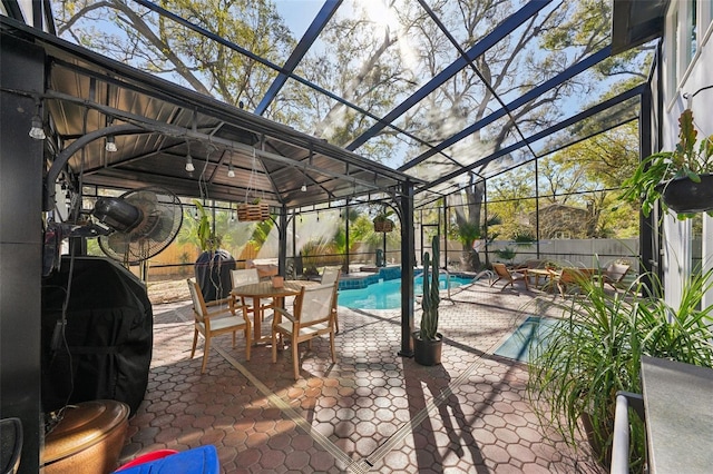 view of patio featuring a fenced in pool, a gazebo, glass enclosure, a fenced backyard, and a grill