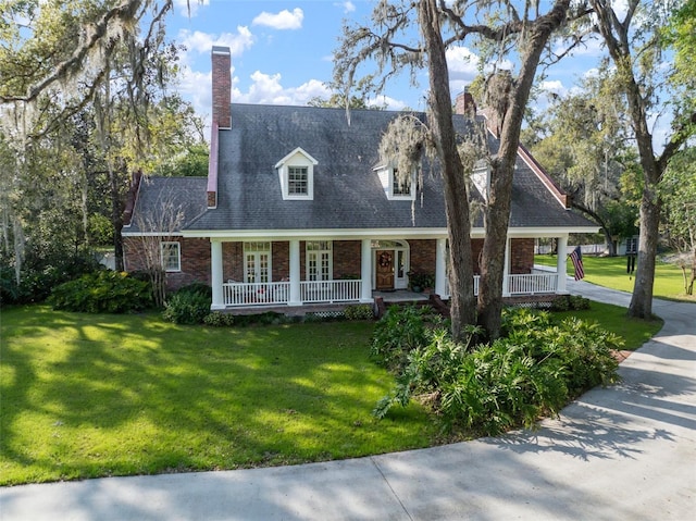 new england style home with a porch, brick siding, a front lawn, and a chimney