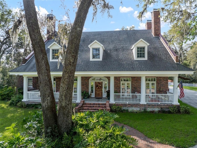 cape cod house with a porch, brick siding, and a front lawn