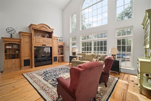 living room with light wood finished floors and high vaulted ceiling