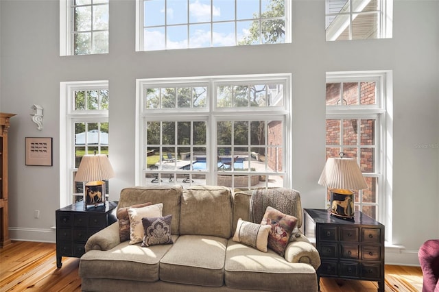 living room featuring baseboards, wood finished floors, and a towering ceiling