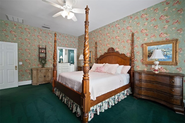 bedroom featuring wallpapered walls, carpet, visible vents, and connected bathroom