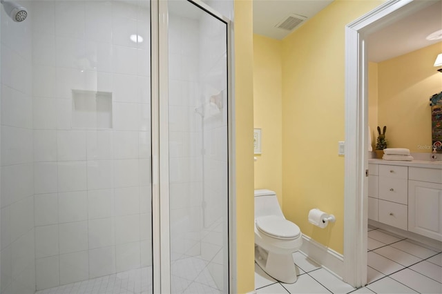 full bathroom with baseboards, visible vents, tile patterned flooring, a shower stall, and toilet