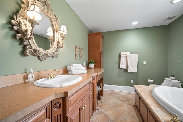 full bath featuring visible vents, baseboards, recessed lighting, tile patterned floors, and vanity