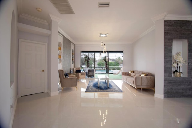 living area featuring visible vents, crown molding, and baseboards