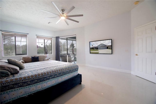 bedroom with visible vents, a ceiling fan, access to outside, a textured ceiling, and baseboards