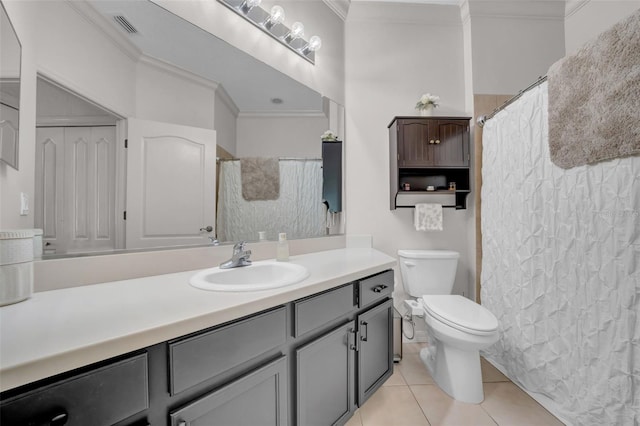 bathroom featuring tile patterned floors, visible vents, ornamental molding, and vanity