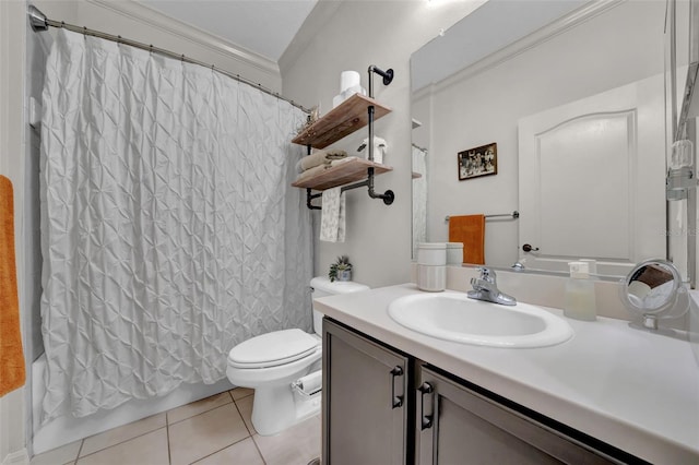 full bathroom featuring toilet, ornamental molding, shower / tub combo, tile patterned floors, and vanity