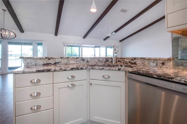 kitchen featuring visible vents, a sink, white cabinetry, dishwasher, and vaulted ceiling with beams