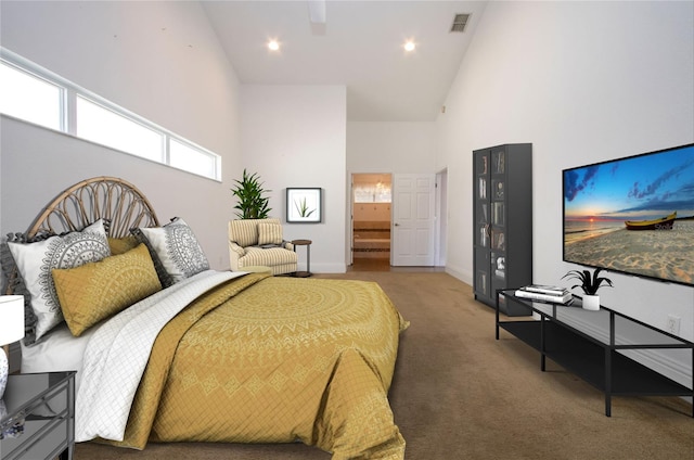 bedroom with visible vents, high vaulted ceiling, recessed lighting, carpet floors, and baseboards