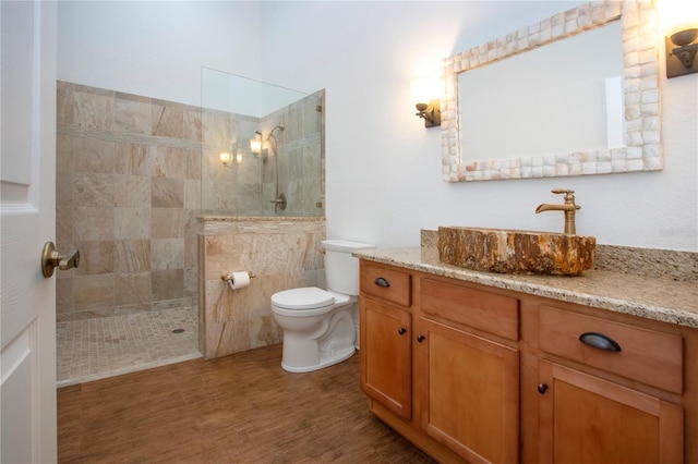 bathroom with vanity, wood finished floors, toilet, and a walk in shower