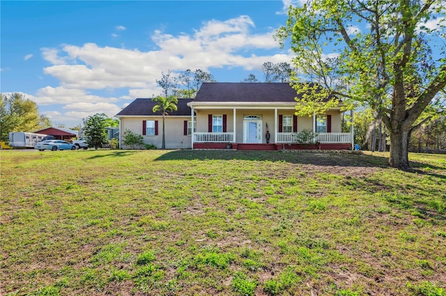 ranch-style house with a porch, a front lawn, and stucco siding