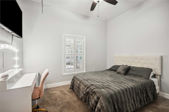 bedroom featuring a ceiling fan, baseboards, and carpet floors