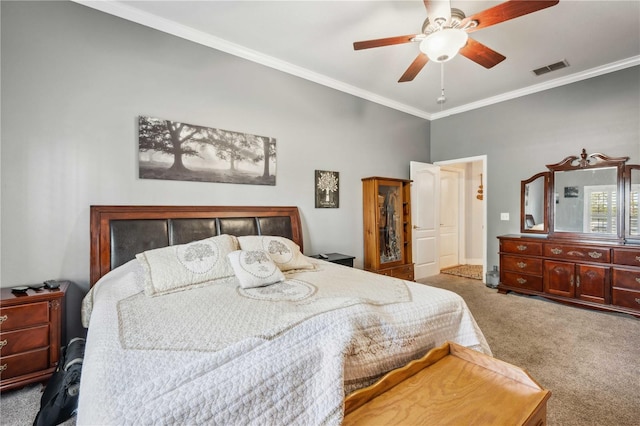 carpeted bedroom with crown molding, visible vents, and ceiling fan