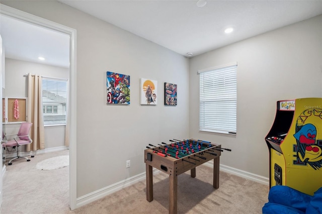 playroom with recessed lighting, baseboards, and light colored carpet