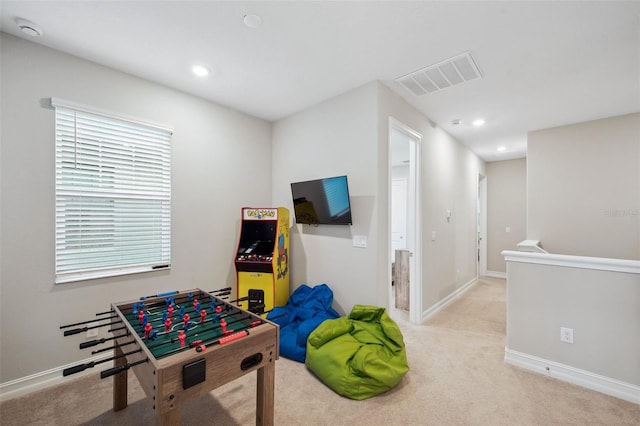 game room with recessed lighting, visible vents, baseboards, and carpet