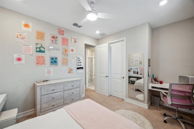 bedroom featuring visible vents, baseboards, ceiling fan, and carpet flooring