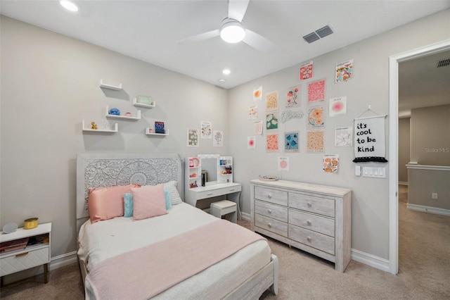 bedroom with recessed lighting, visible vents, carpet flooring, and baseboards