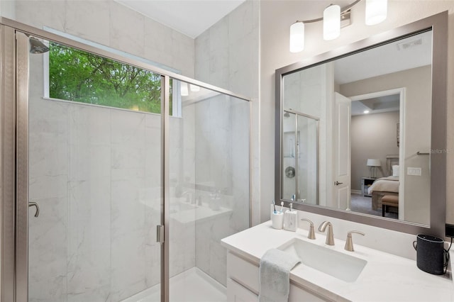 bathroom with a marble finish shower, visible vents, ensuite bath, and vanity