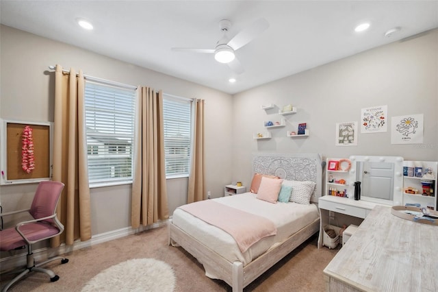 bedroom featuring recessed lighting, ceiling fan, and carpet flooring