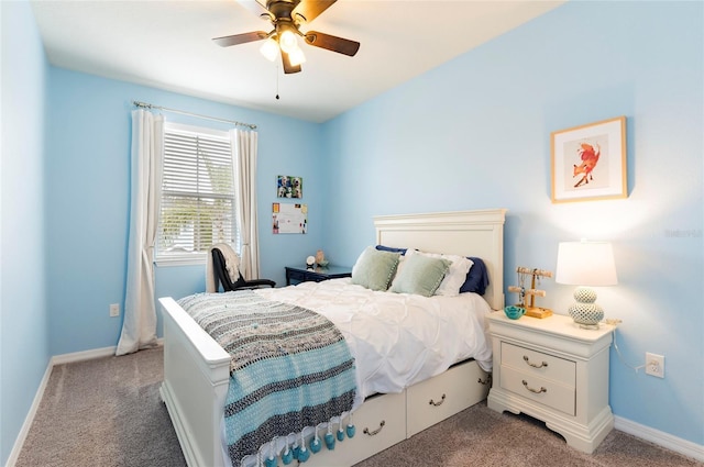 carpeted bedroom featuring baseboards and a ceiling fan