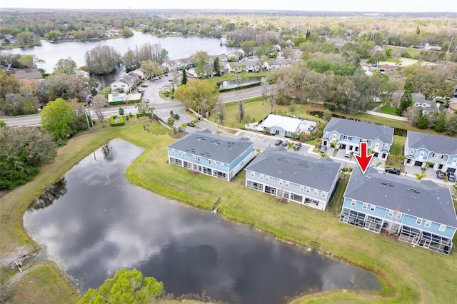 aerial view featuring a water view and a residential view