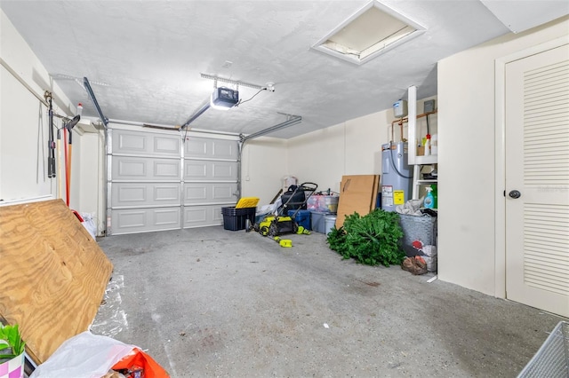 garage with a garage door opener and water heater