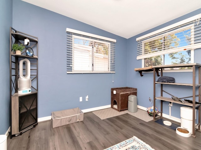 interior space with vaulted ceiling, wood finished floors, and baseboards