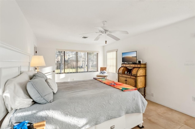 bedroom featuring visible vents and ceiling fan