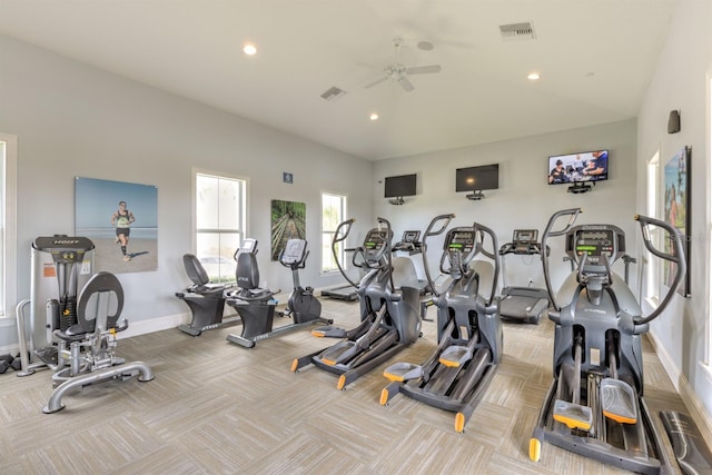 exercise room featuring visible vents, recessed lighting, carpet, and baseboards