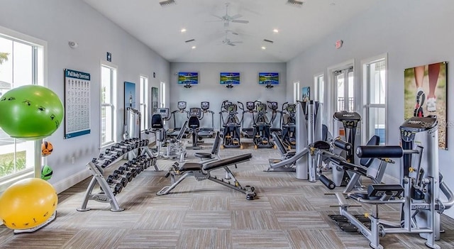 gym featuring visible vents, baseboards, carpet, recessed lighting, and a ceiling fan