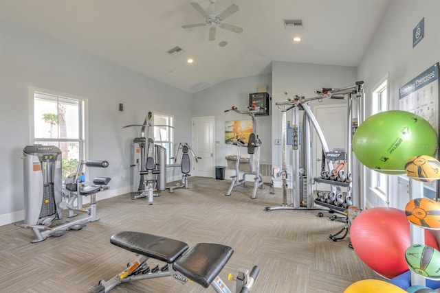 workout area with visible vents, lofted ceiling, and carpet flooring