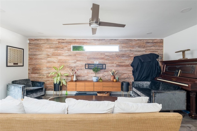 living room with a ceiling fan