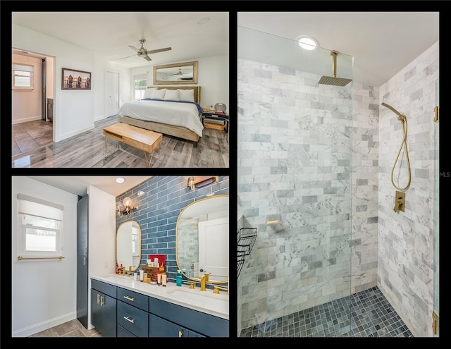 ensuite bathroom featuring vanity, a ceiling fan, baseboards, tiled shower, and ensuite bath