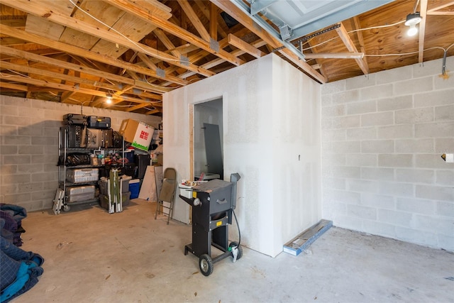 below grade area with concrete block wall and a garage