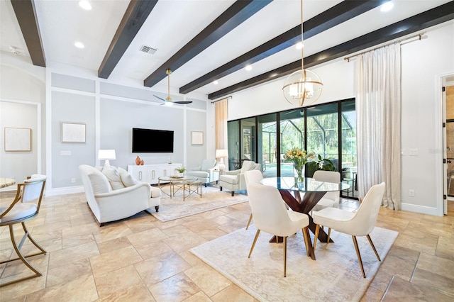 dining space featuring visible vents, baseboards, beam ceiling, ceiling fan with notable chandelier, and stone tile flooring