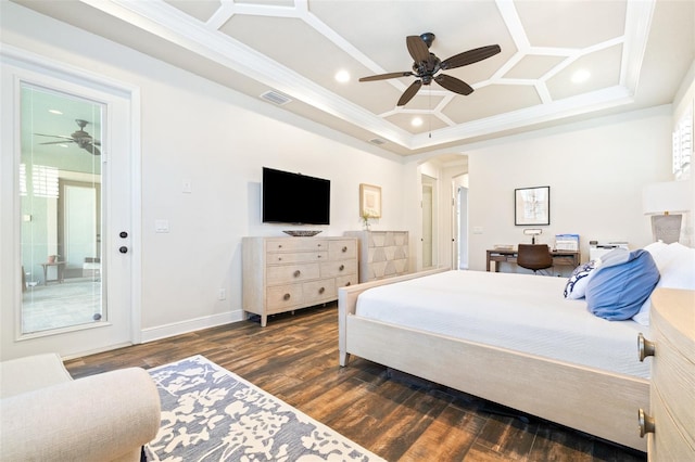 bedroom featuring ornamental molding, coffered ceiling, wood finished floors, recessed lighting, and baseboards