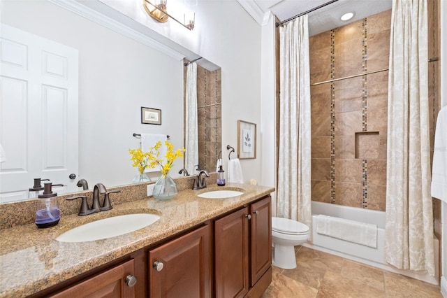 bathroom featuring double vanity, toilet, shower / bathtub combination with curtain, and a sink