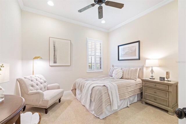 bedroom featuring light carpet, recessed lighting, crown molding, baseboards, and ceiling fan